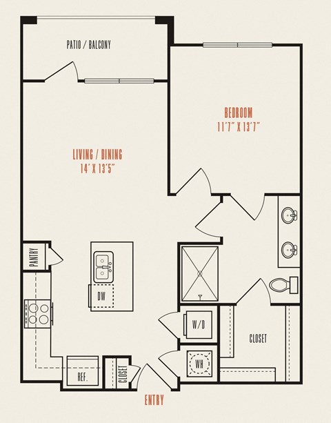 Floor plan for 1 bed, 1 bath, 740 sqft